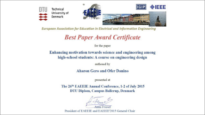 Best paper award Certification, by EAEEIE for the year of 2015.